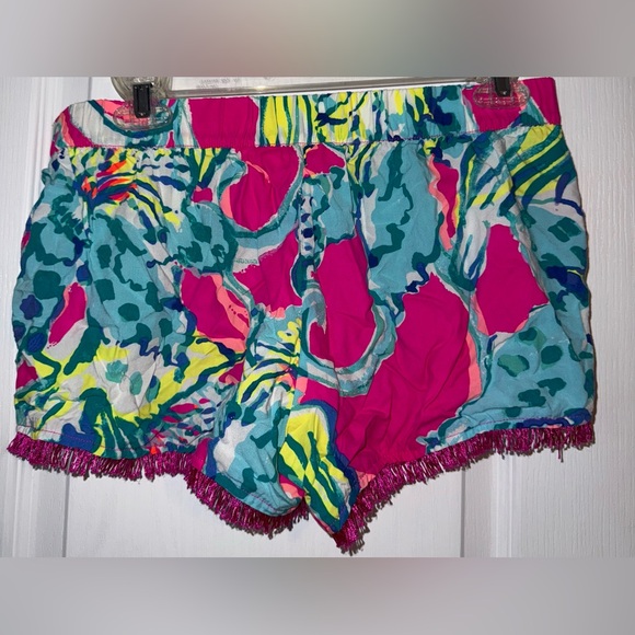 Lilly Pulitzer Like New Cocoa Shorts Fringe Trim Pockets Hot Pink Hottie floral - Picture 4 of 12